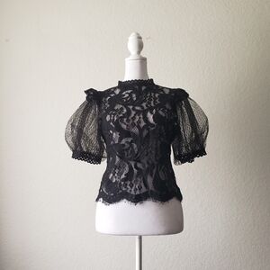 Stunning victorian inspired black lace zip up blouse with puff sleeves in size s